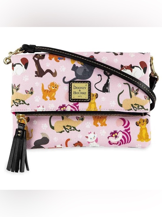 Dooney & Bourke Handbags - Dooney & Bourke 2019 Disney Pink Cat Print Crossbody Clutch with Black Strap